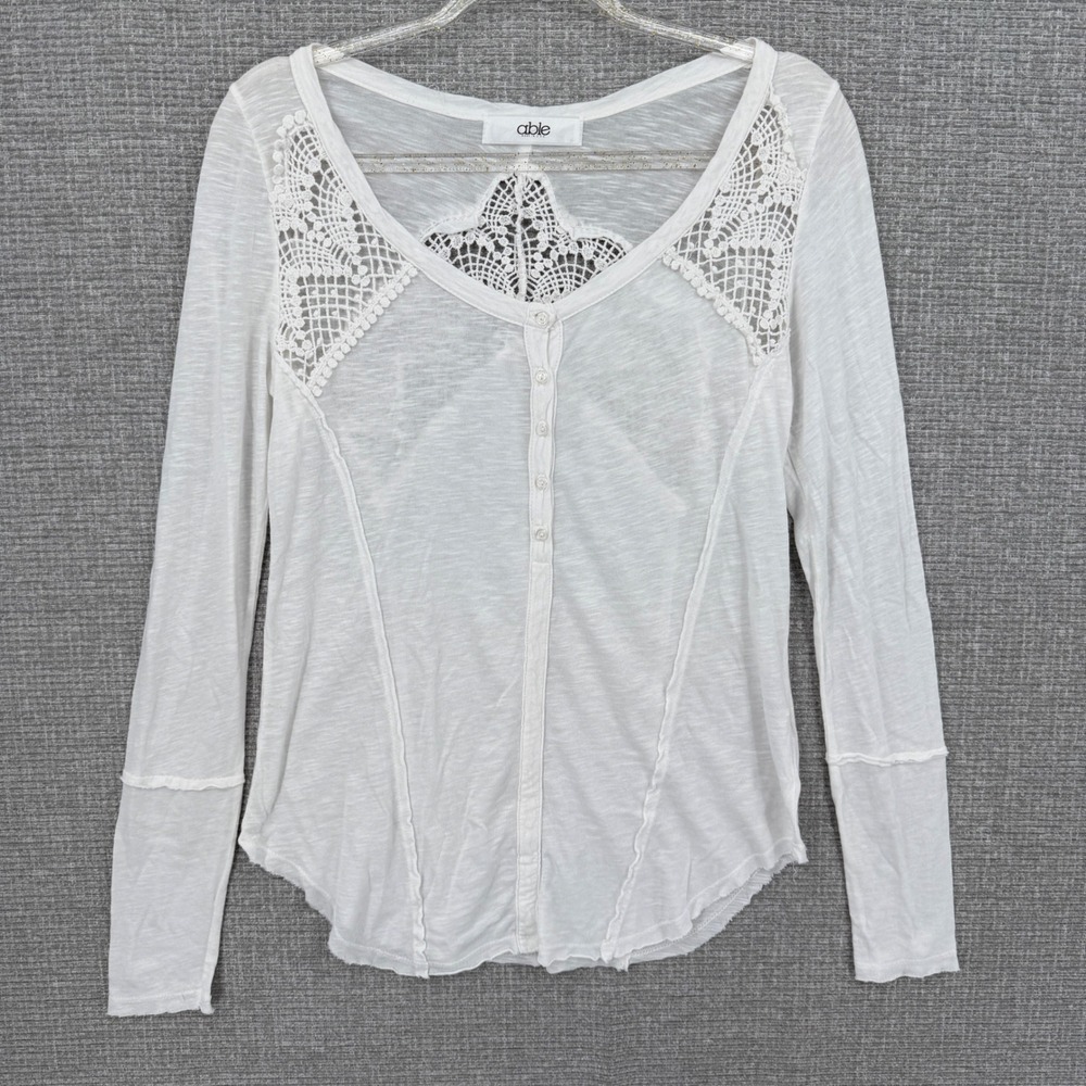Able Henley Top Womens Medium White Crochet Lace Long‎ Sleeve Lightweight Boho